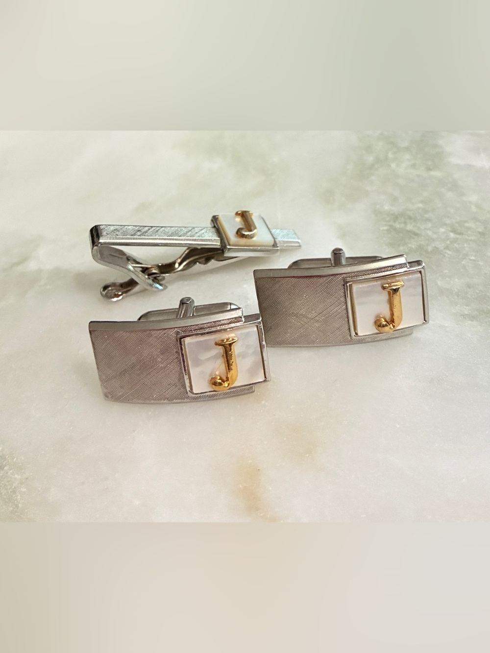 Vintage Swank J Monogram Cuff Links + Tie Clip Set